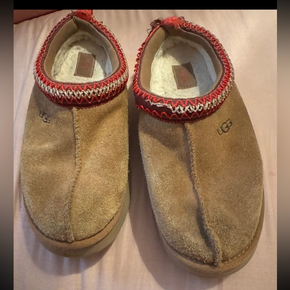 UGG Brown Suede Slippers with Red Accents